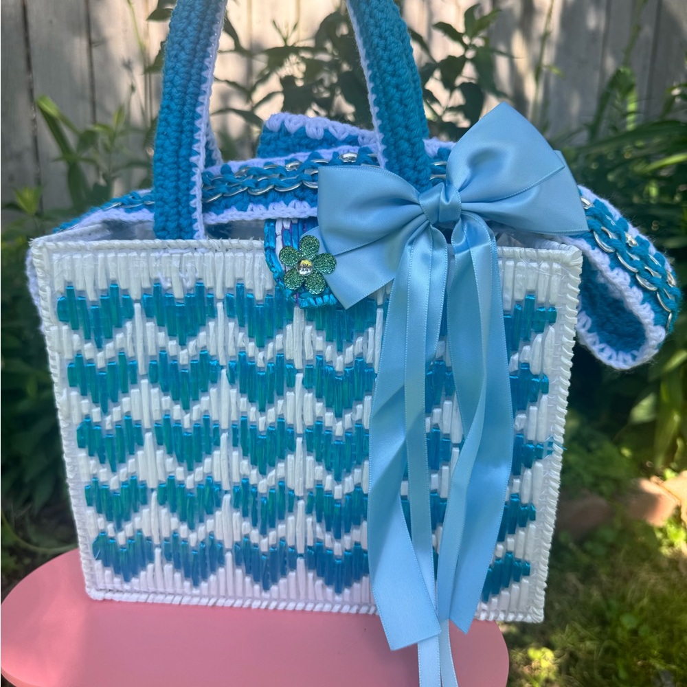 Artisanal Blue and White Heart Patterned Tote Bag